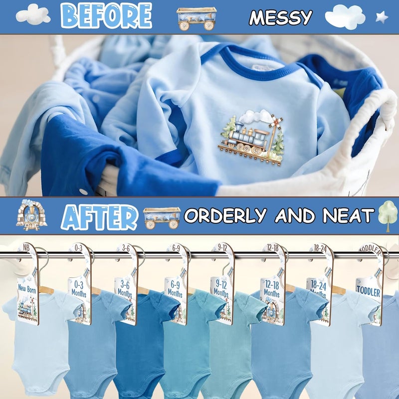 CORNER LACE Baby Closet Dividers 8PCS, Retro Train Themed Wooden Double-Sided Clothes Size Hanger/Organizer from Newborn to Toddler for Nursery Decor Baby Shower Birthday Gender Reveal Party Gift - Image 3